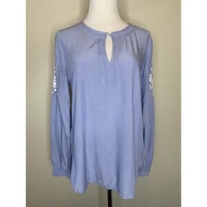 Loft Blue Striped Tunic Top White Floral Embroidery on Sleeves Sz Small